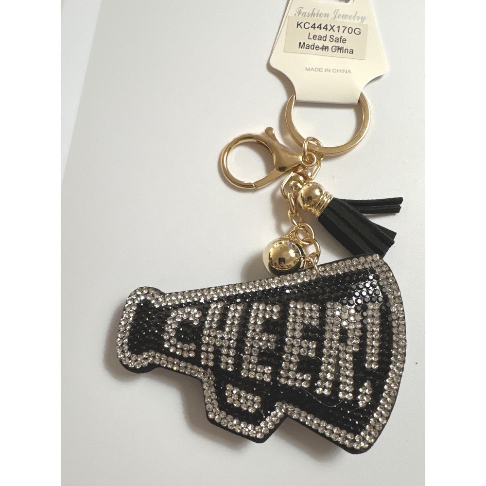 Fashion Jewelry Cheer Megaphone Rhinestone Keychain Black Tassel Gold